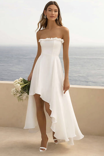 White Chiffon Ruffled Strapless High-Low Graduation Dress